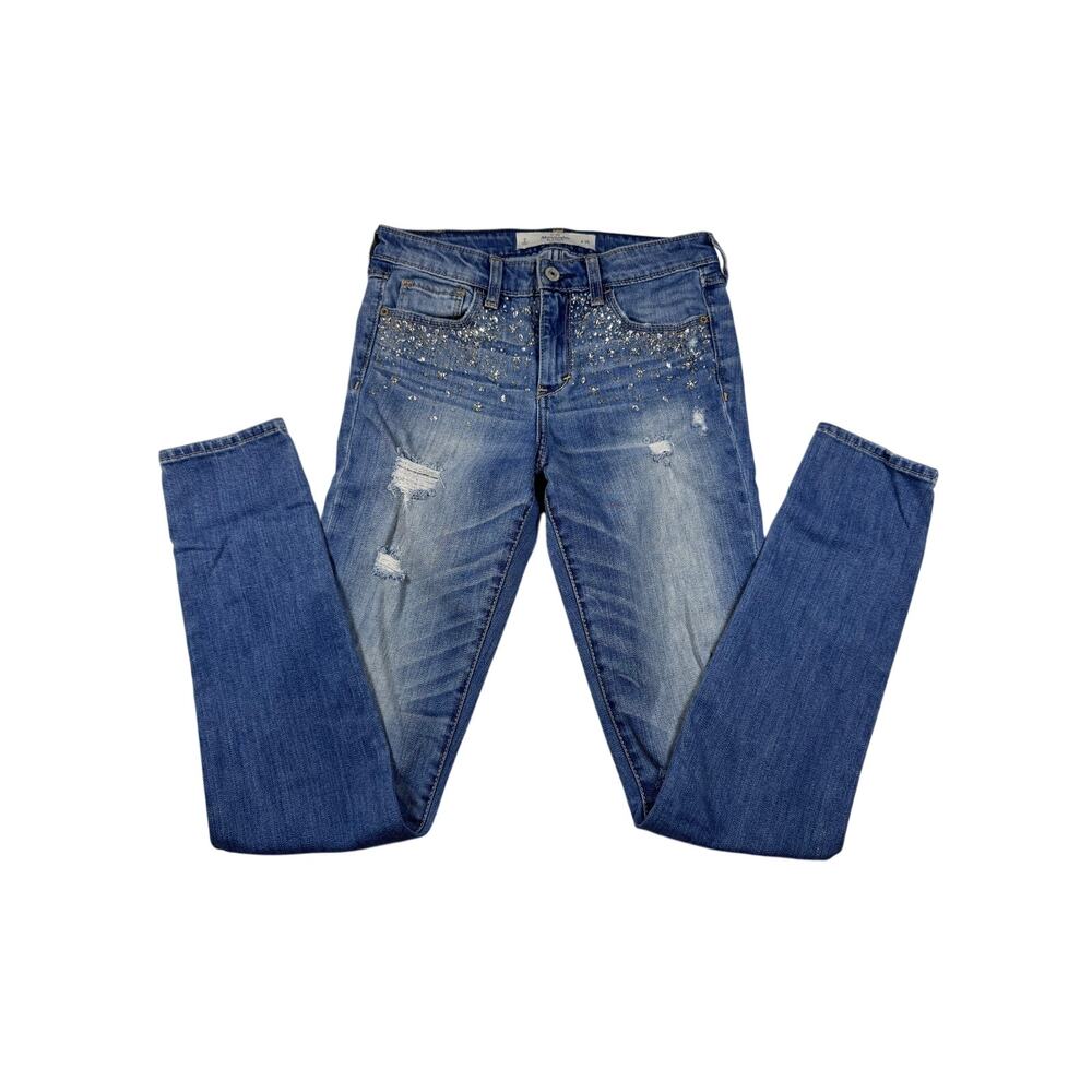 Abercrombie & Fitch Jeans Womens 26 Rhinestone Distressed Skinny Blue Denim Y2K